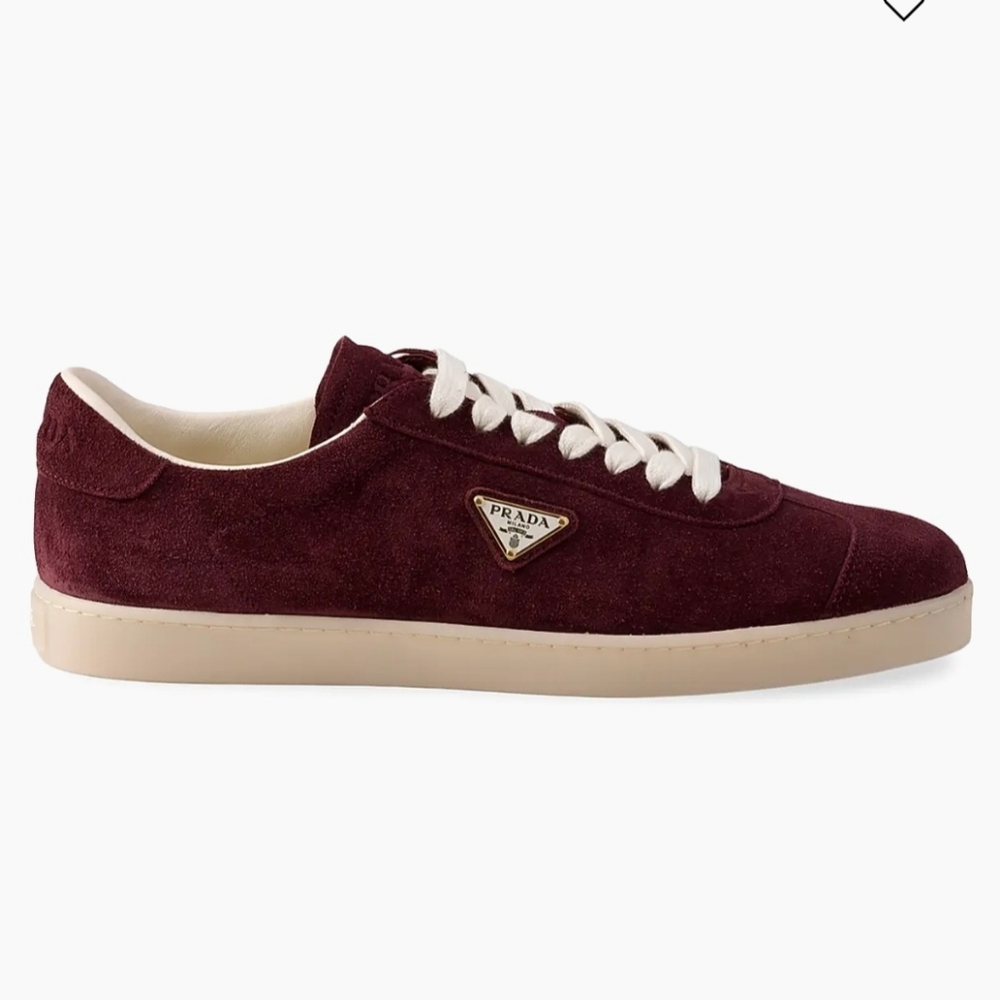 $1120 PRADA Lane Suede Triangle Logo Low-Top Sneaker Burgundy UK10 US 11 EU 44